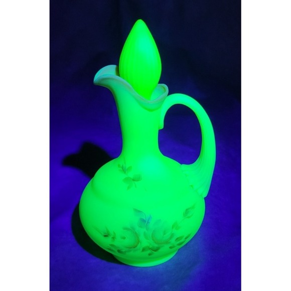 Fenton Other - Vintage Fenton Burmese Rose Uranium Glass Cruet Hand Painted Roses Signed